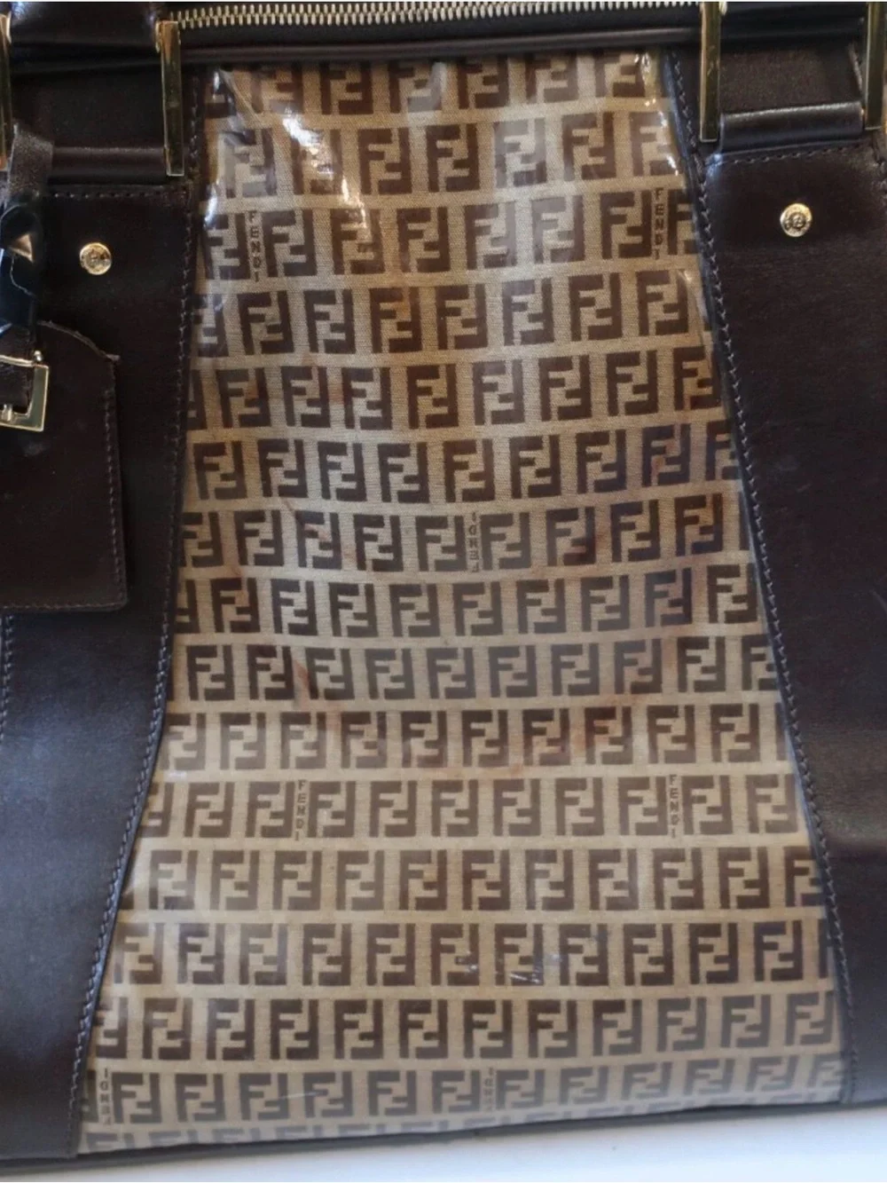 Vintage Authentic FENDI Zucchino Brown Vinyl Monogram Travel Duffel Boston Bag